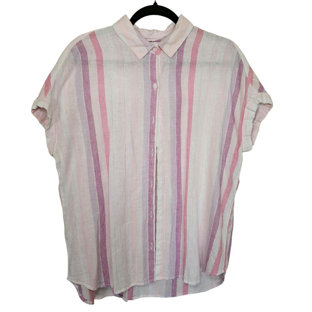 Beach Lunch Lounge Linen Blend Striped Button Down Beachy Shirt Large Preppy